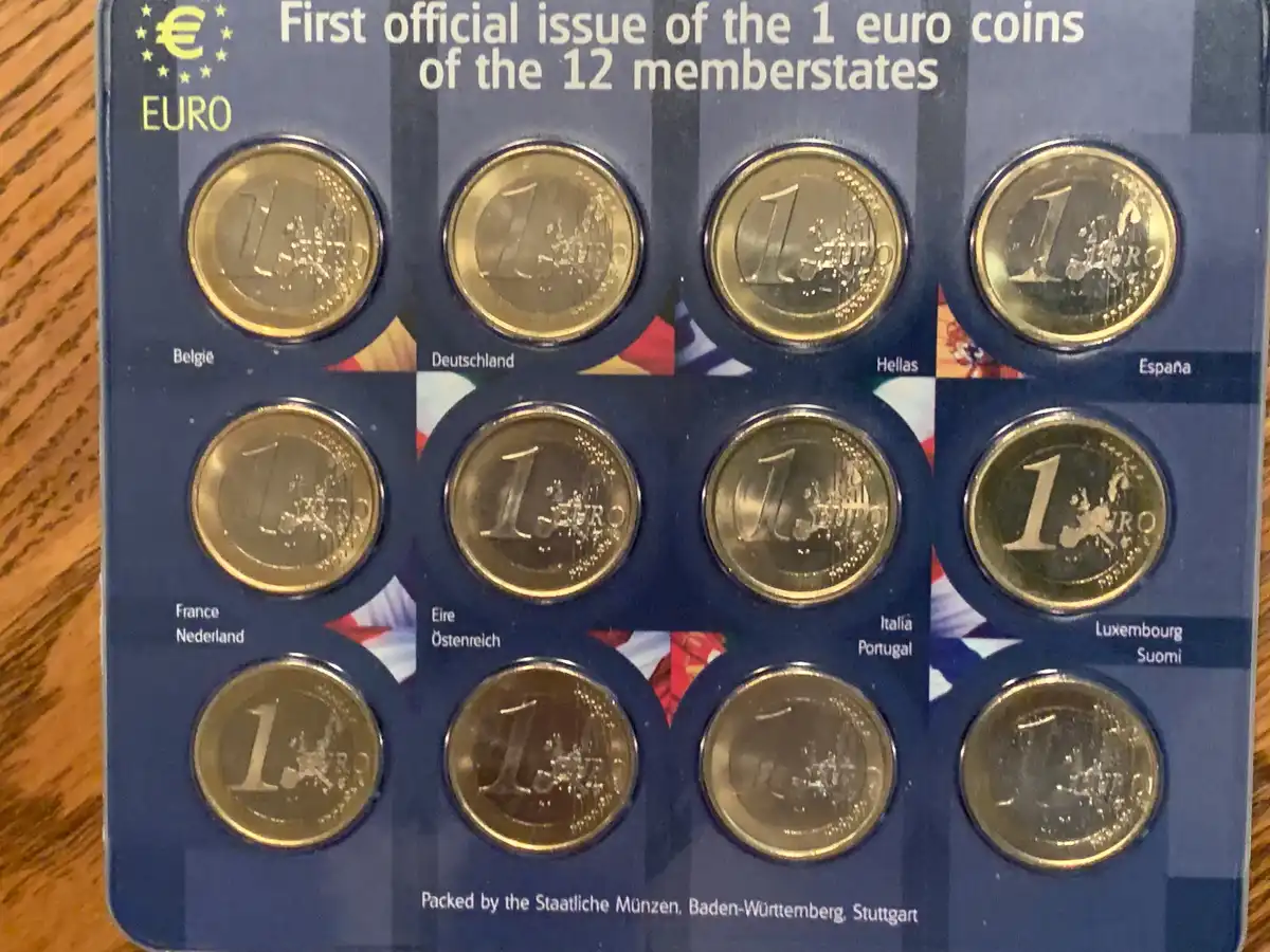 First-Official-Issue-Of-The-One-Euro-Coins-Of-The-12-Memberstates